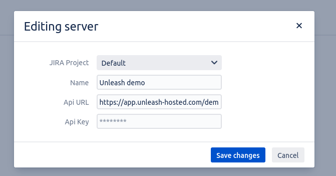 An &quot;editing server&quot; form. The fields are &quot;JIRA project&quot;, &quot;Name&quot;, &quot;Api URL&quot;, &quot;Api Key&quot;