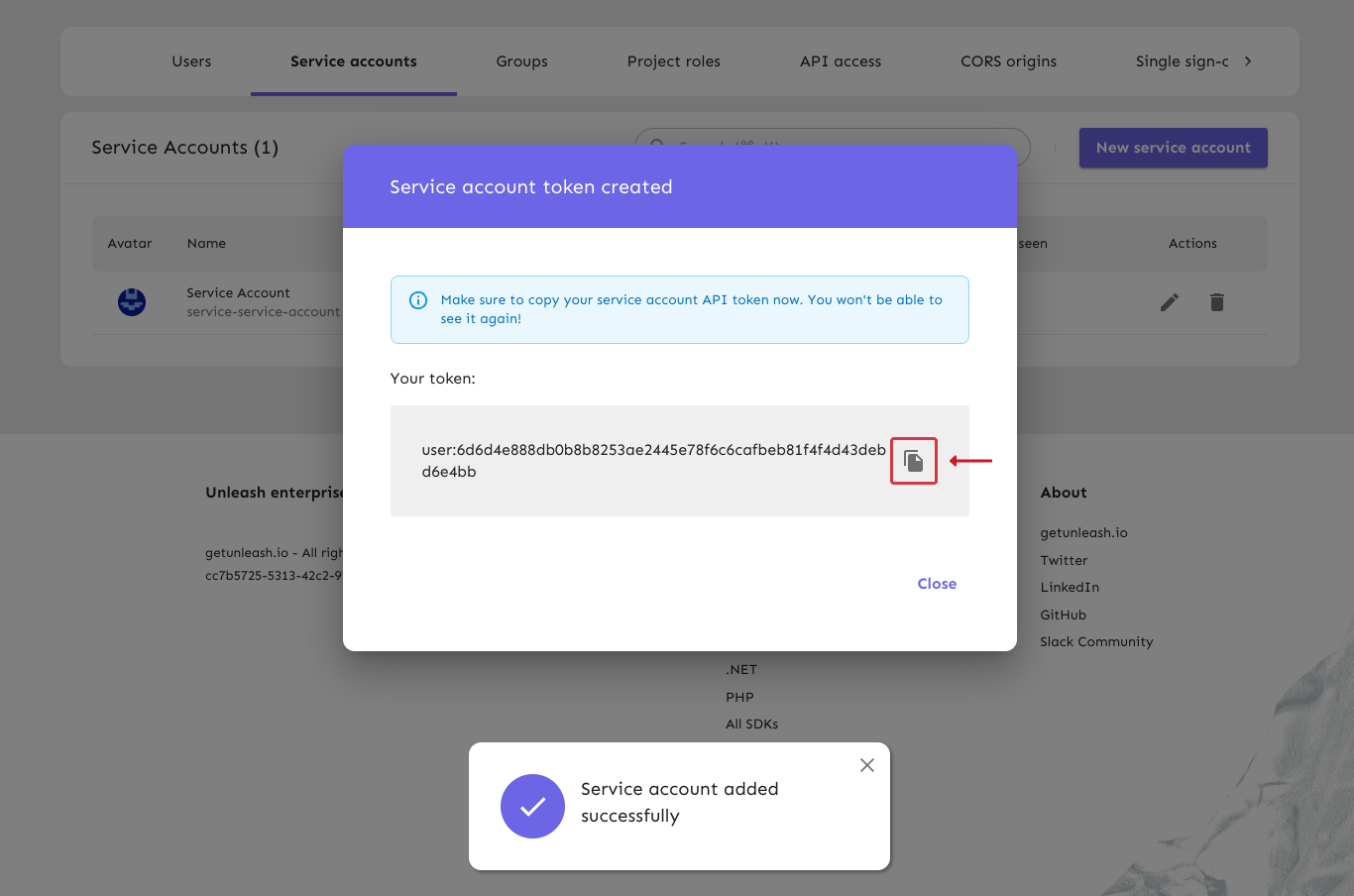 The token details with the &quot;copy token&quot; element highlighted.